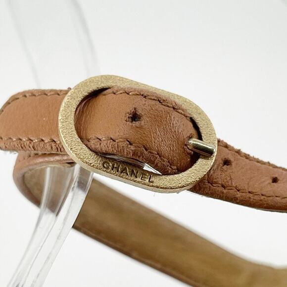 Chanel EU 37 2012 Cruise Tan Leather Camellia Flower T-Strap Cork Wedge Sandals - Picture 11 of 16